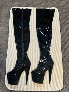 Pleaser Adore-3000 Patent Platform Thigh-High Stiletto Boots in Black